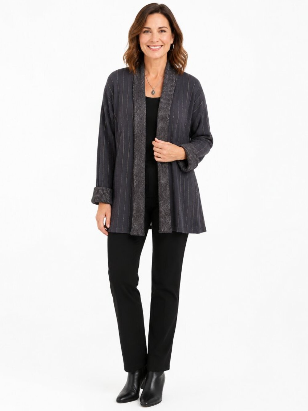 KAS Metallic Gold Pinstripe Open Front Knit Cardigan Duster Sweater